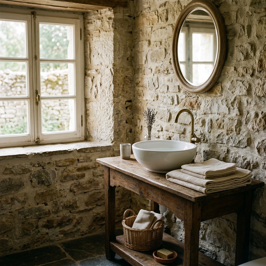 Baño rústico de piedra con lavabo independiente