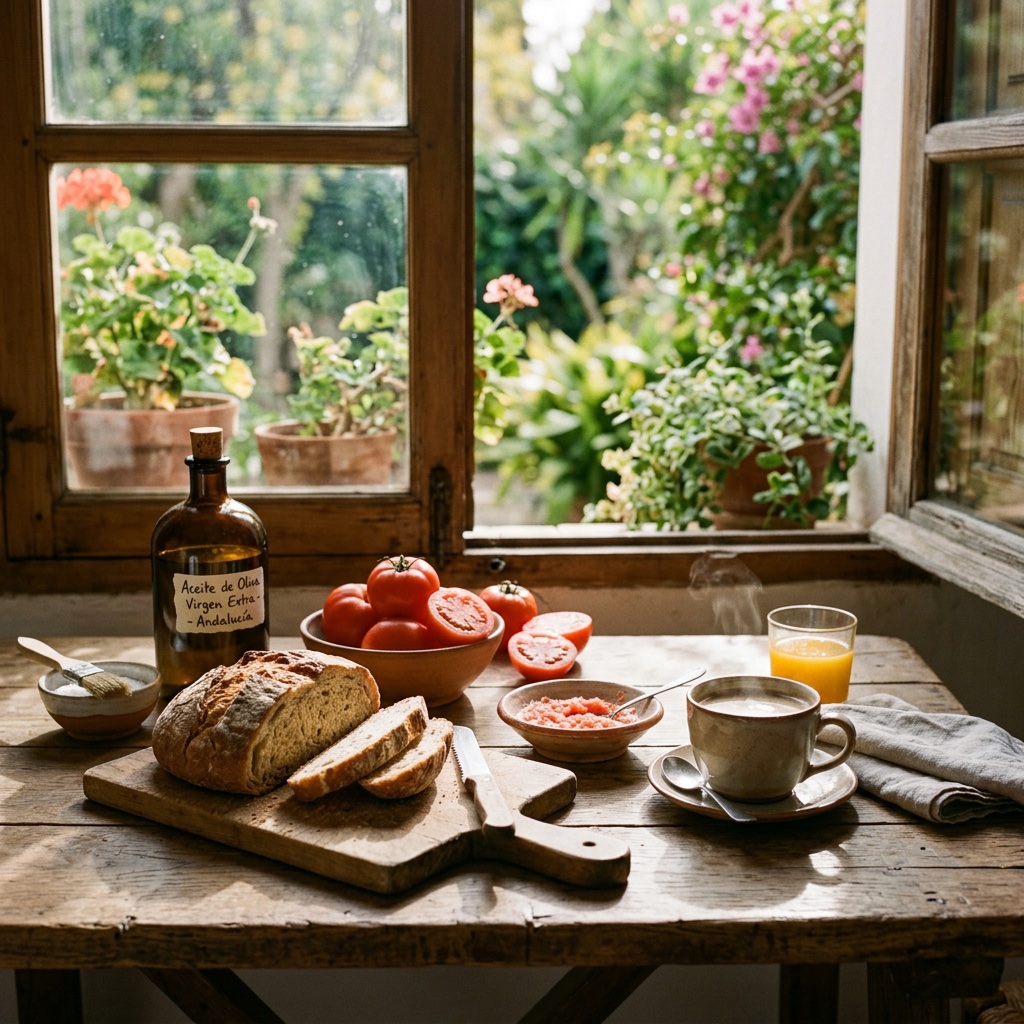 Desayuno casero en mesa de madera junto a la ventana