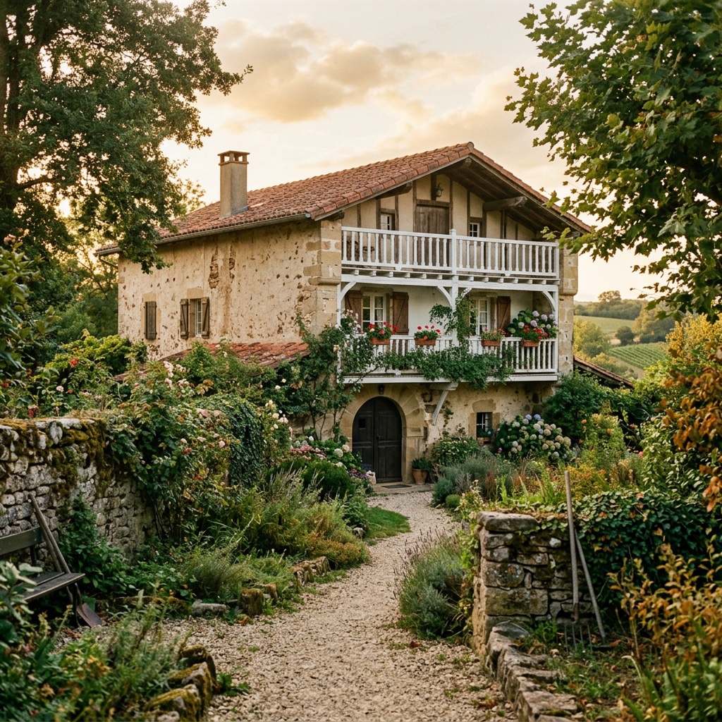 Casona de piedra con jardín al atardecer