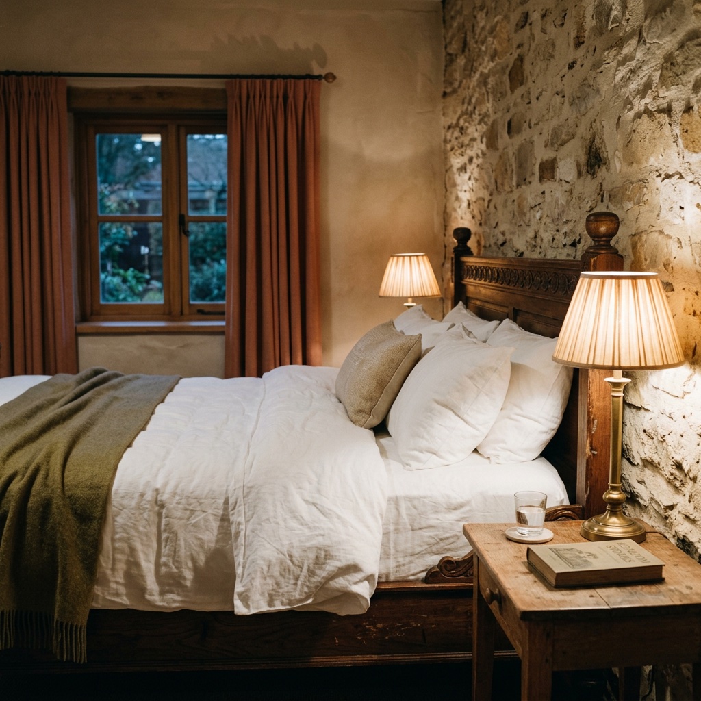 Detalle de habitación con ropa de cama de lino